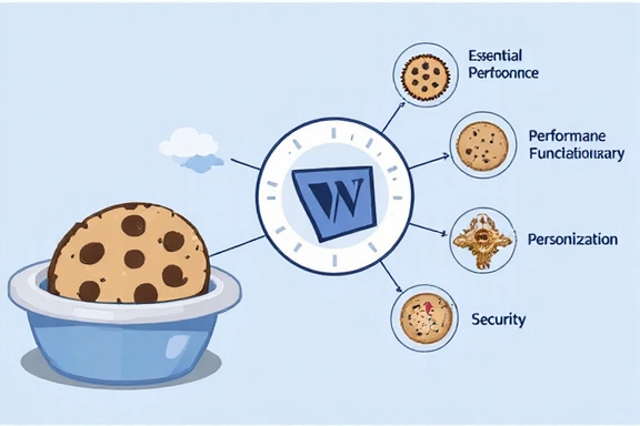 Illustration of various cookies types and their functions on a website