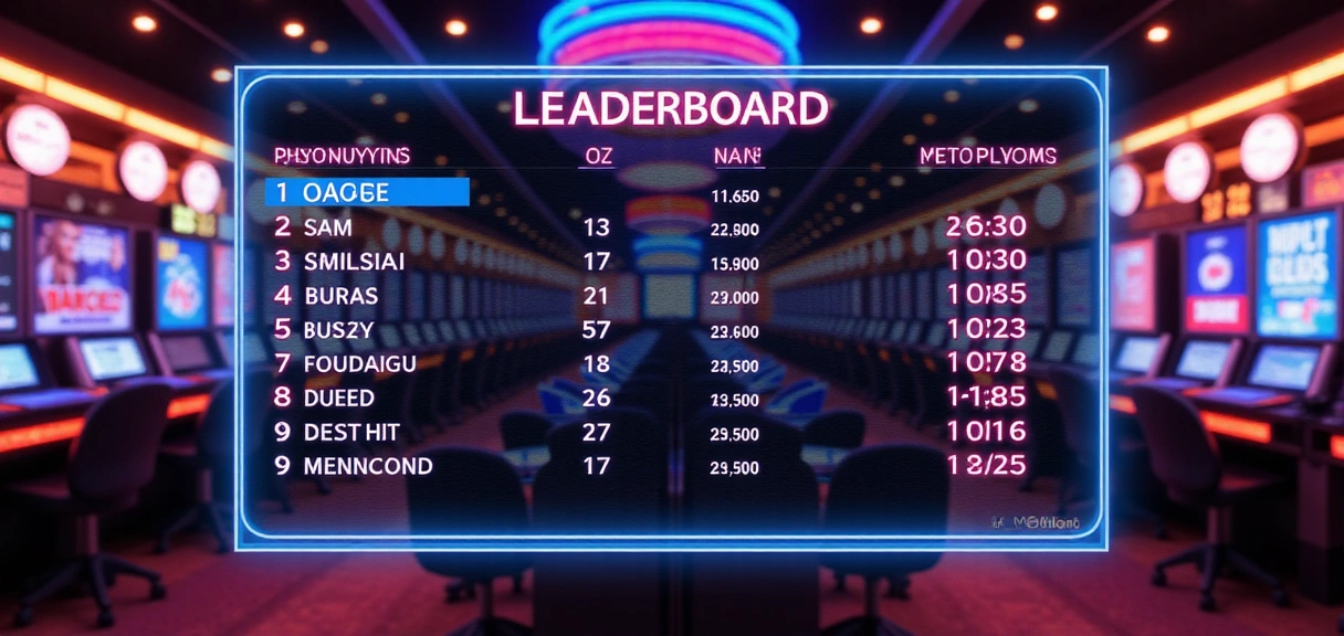 Digital leaderboard display with glowing scores and player names in a futuristic casino environment