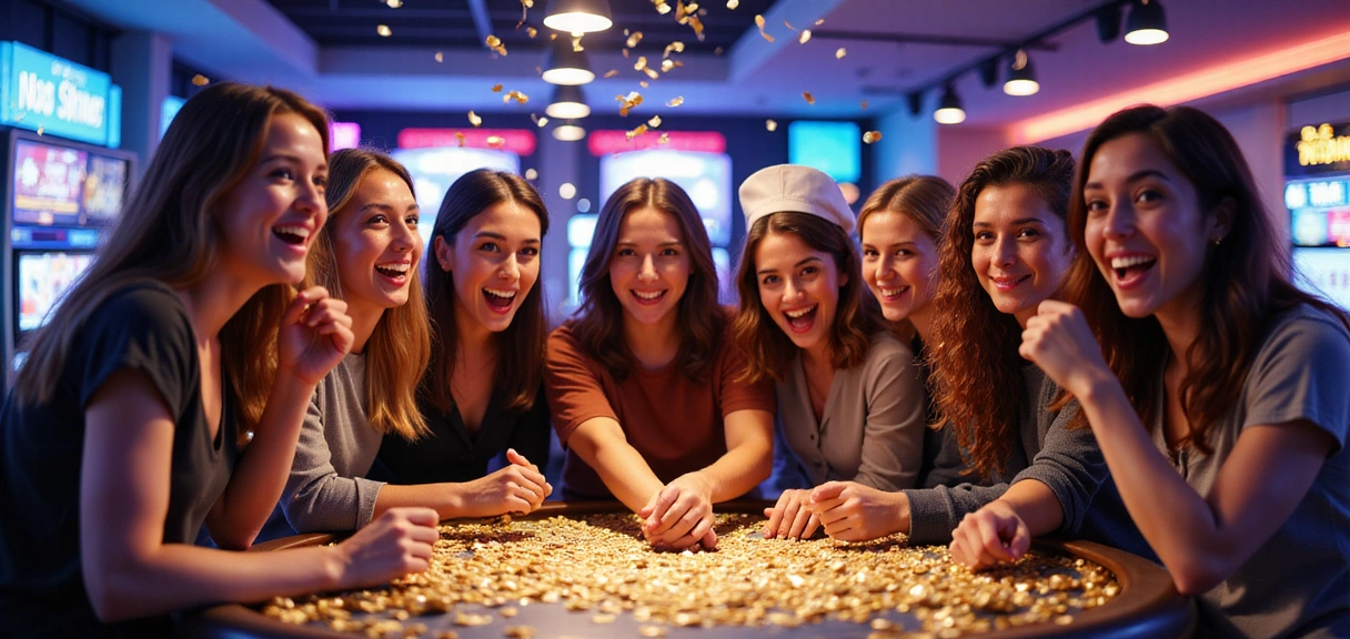 Excited players celebrating a tournament win in a vibrant casino setting